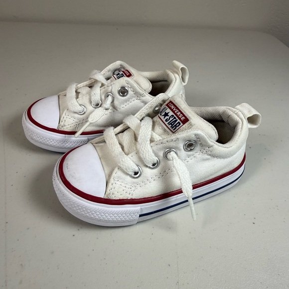 Converse Other - Converse Kids White Canvas Low Top Sneakers with Red and Blue Trim
